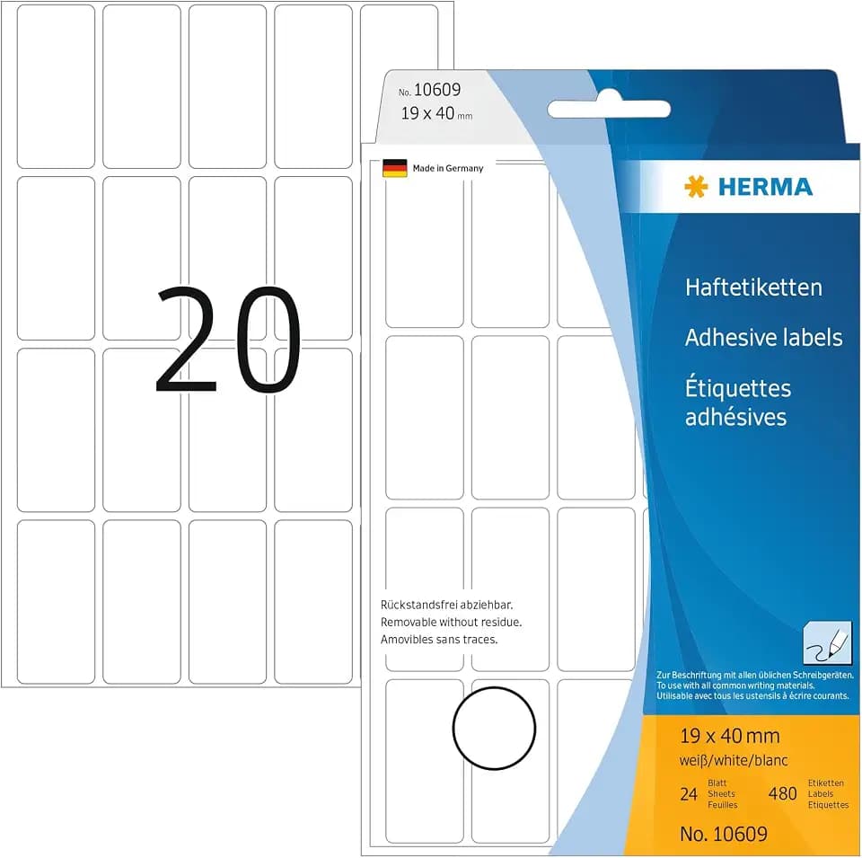 HERMA 10609 Vielzweck-Etiketten ablösbar, 480 Stück, 19 x 40 mm, 20 pro Bogen, selbstklebend, Haushaltsetiketten zum Beschriften, matt, blanko Papier Klebeetiketten Aufkleber, weiß