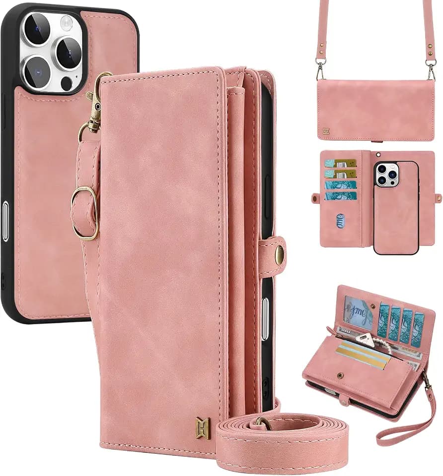 for Wallet Case Compatible with iPhone 16 Pro Max,Multi-Function Detachable 2 in 1 Magnetic iPhone 16 Pro Max Case Wallet,Flip Strap Zipper Card Holder Phone Case with Shoulder Straps (Pink)