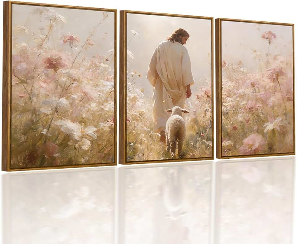 QTUSYUR Shepherd Jesus Wall Art, Framed Bible Jesus Lamb Floral Art Print