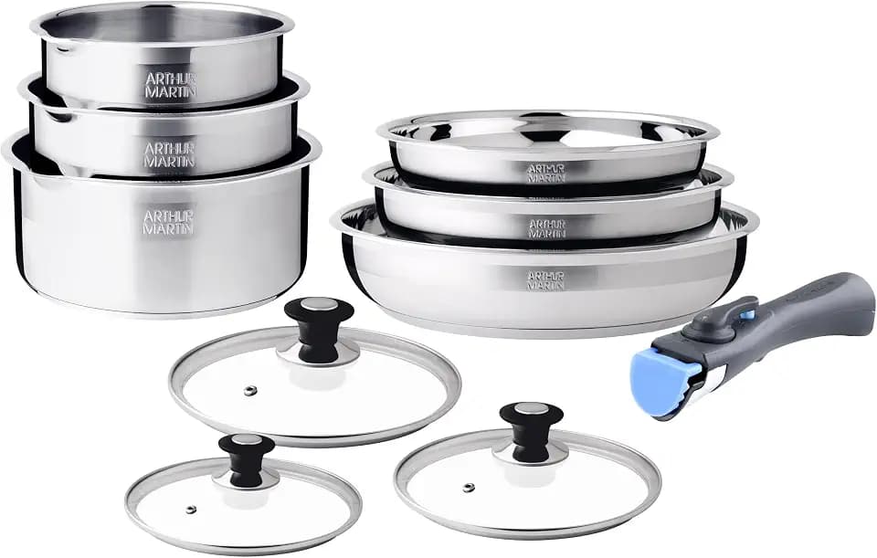 ARTHUR MARTIN - 10-teiliges Edelstahl Kochgeschirr Set, Antihaft-Töpfe und -Pfannen, inklusive Deckel und Utensilien, für alle Herdarten geeignet, abnehmbare Griffe, satinierte Oberfläche