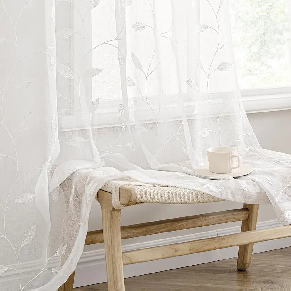 MIULEE White Sheer Curtains 2 Panels Embroidered Leaf Patterned, W52 x L96