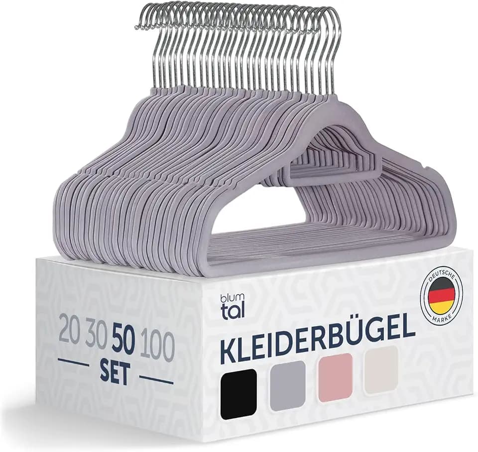 Blumtal 50 Stück Samt-Kleiderbügel - Samt-Kleiderbügel, rutschfest, um 360° drehbar, platzsparend, hochwertig mit Krawattenklammer - Grau