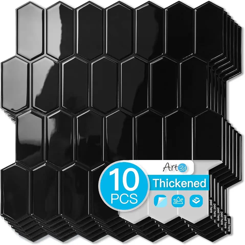 Art3d Hexagon Tile Peel and Stick Backsplash, 10-Pack, 12 x 12 Inch, Black