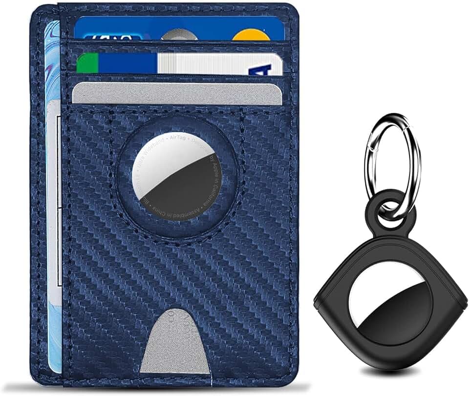 HIA Wallet Airtag Wallet Holder with Airtags Case Key Ring, Smart Air Tag Wallet with Holder Cover, Silicone Air Tags Keychain Waterproof Airtags Wallet Card Case for Men Women,Blue+Black(At11d3)