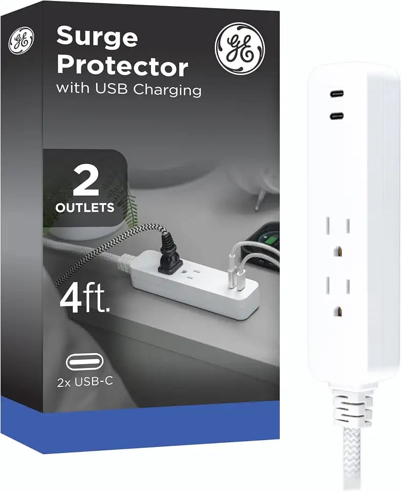 GE 2 USB C Extension Cord Power Strip, 2 Outlets, 4 Ft Braided Cord