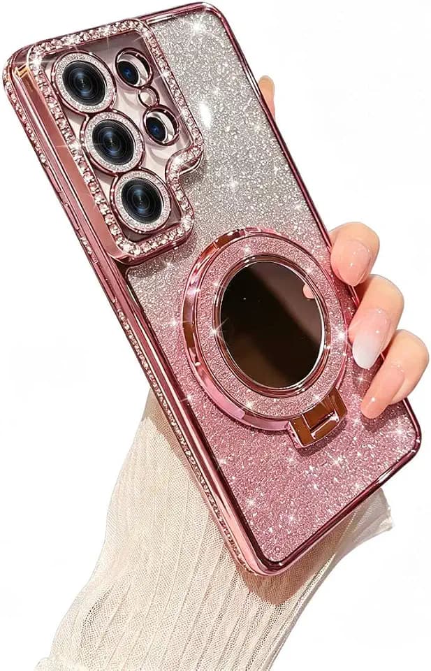for Samsung S26 Ultra Case Glitter with Kickstand Cute Bling Sparkly Rhinestone Mirror Stand Women Case for Galaxy S26 Ultra Case - Pink