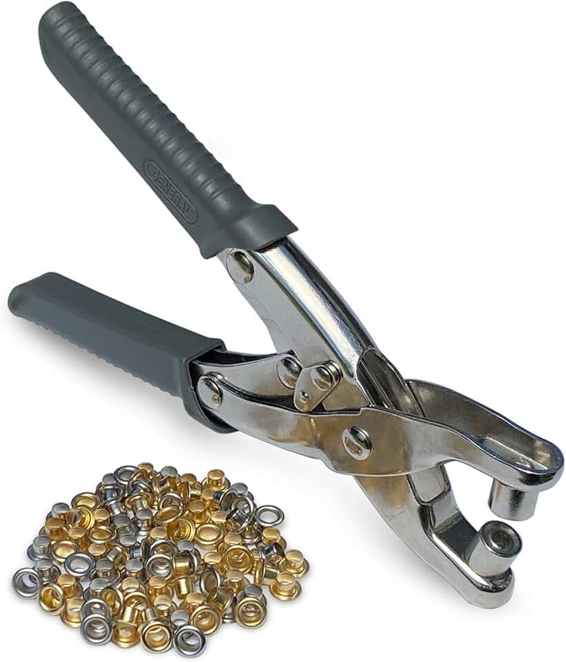 General Tools Eyelet Pliers - Durable and Ergonomic Comfort Grip Eyelet Pliers For Setting Small Eyelets in Leather, Plastic, Rubber, Canvas, Cardboard and More; Includes 100 Multi-Color Eyelets