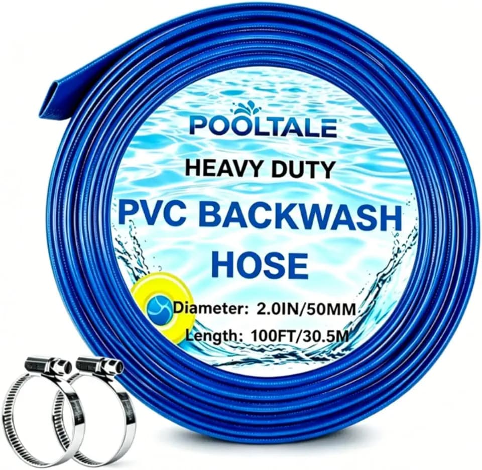 POOLTALE 2.0" x 100 FT Pool Backwash Hose, Heavy Duty Reinforced Lay-Flat Sump Pump Hose, Discharge Hose with 2 Clamp for Pool Filter, Drain Clean Swimming Pools and Filters for Inground Pools