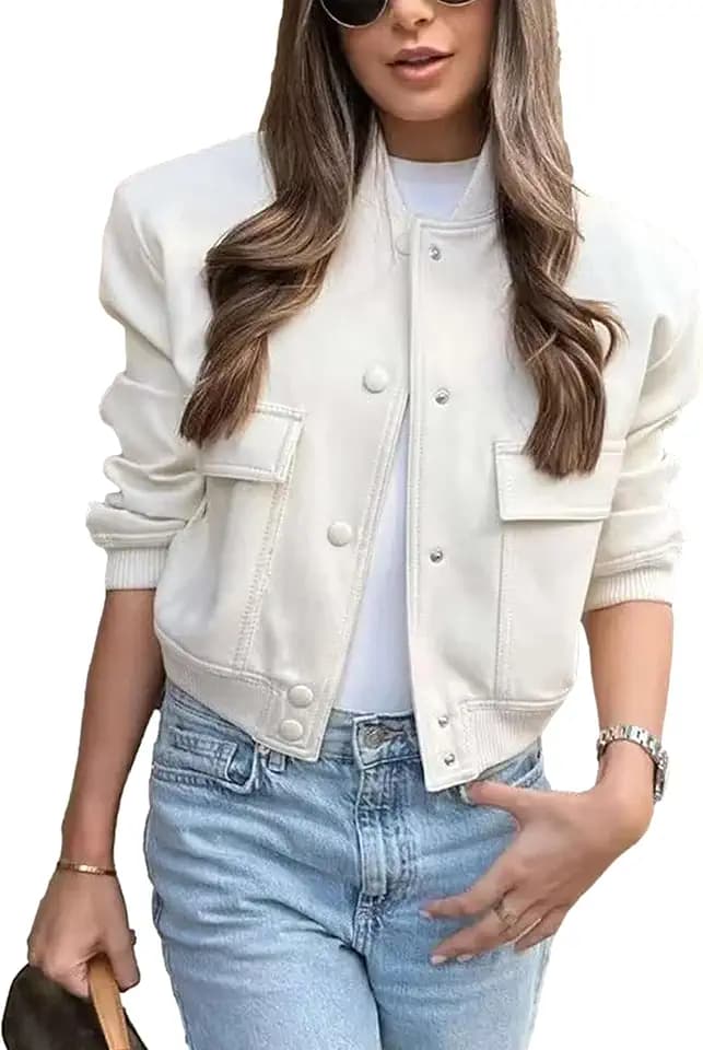 Megfie Womens Cropped Bomber Jacket Button Down Varsity Jackets Shackets