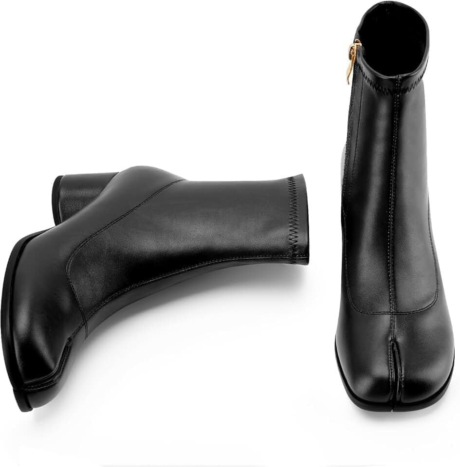 Women's Tabi Boots Black Split Toe Chunky Heel Ankle Short Booties