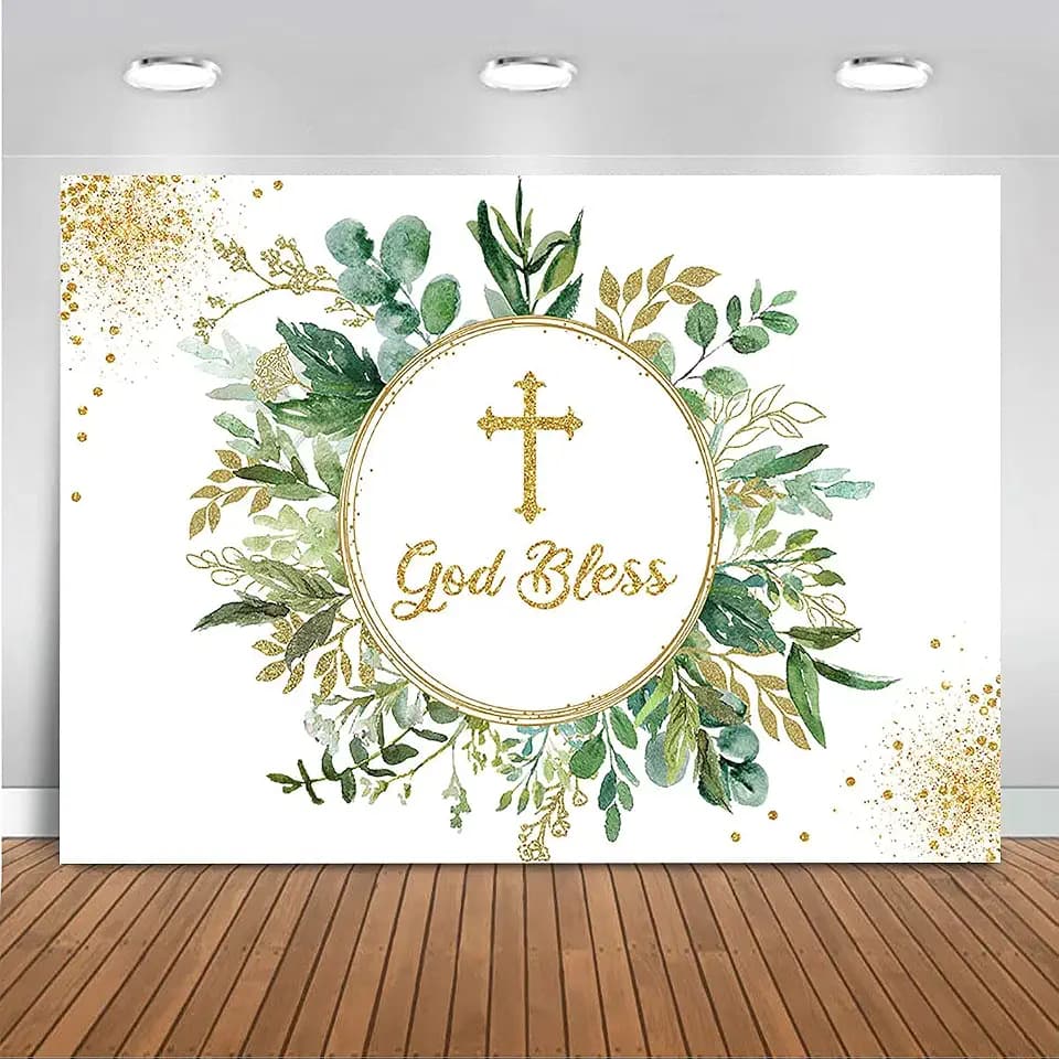 Mocsicka God Bless Baptism Backdrop 7x5ft First Communion Banner Backdrop Boys Girls Green Eucalyptus Leaves Mi Bautizo Background First Holy Communion Party Decorations Photo Banner Booth