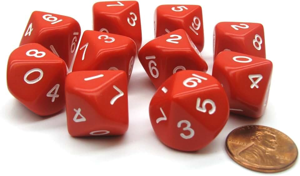 10 Piece Set of 10-Sided D10 Polyhedral Dice - Red with White Numbers