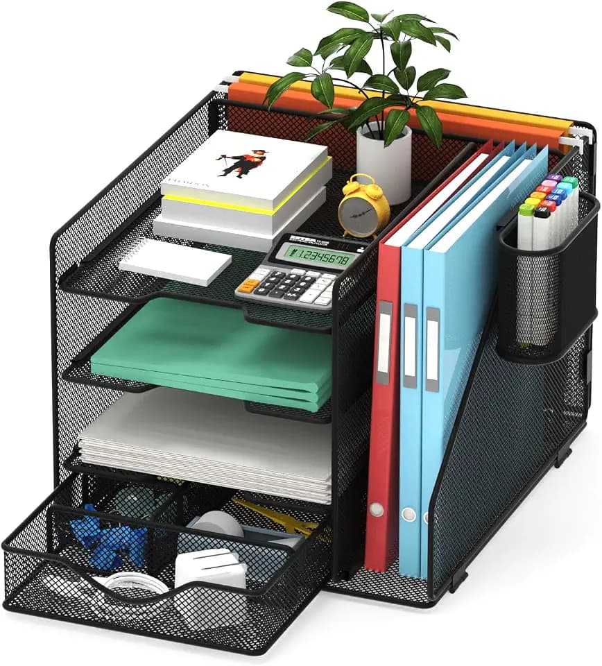 BOHDK Schreibtisch-Organizer mit Hängeregisterhalter, Papier-Briefablage-Organizer mit Schublade und Stifthalter, Netz-Desktop-Organizer und Aufbewahrung