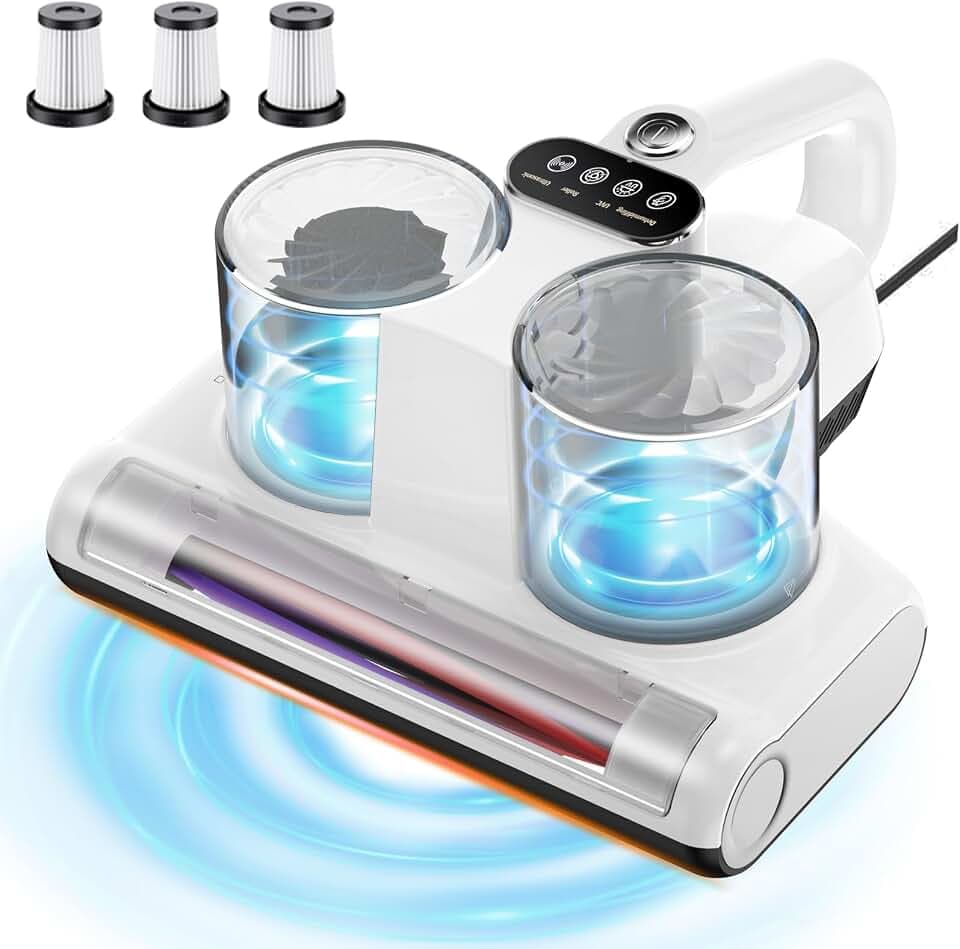 Milbensauger für Matratzen Milbenstaubsauger 16Kpa Saugkraft 253.7nm UV-C Licht Bettstaubsauger mit 3 HEPA Filter Ultraschall Hitze Bürstenrolle Technologien Weiß