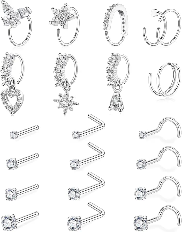 21 Pcs Nose Rings for Women 20G 14K Gold Plated Nose Piercings L Shaped Corkscrew Straight Nose Studs Butterfly Flower Dangle Heart Double Nose Rings Hoops Surgical Steel Nose Piercing Jewelry 1.5mm 2mm 2.5mm 3mm CZ