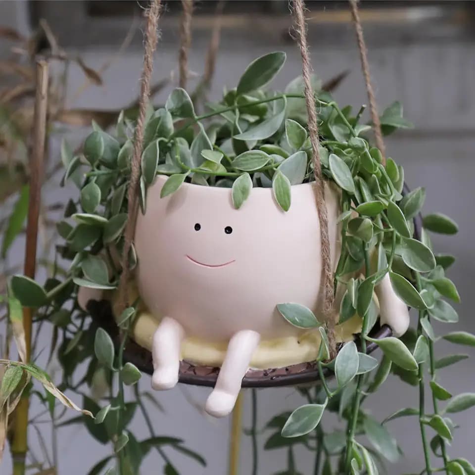 Hanging Swing Chair Planter Pot Resin Smiley Face Planter for Indoor Outdoor Plant Cute Head Flower Pots for String of Pearls Plant Live Unique Gift IdeaI for Mother Day, Christmas (Small)