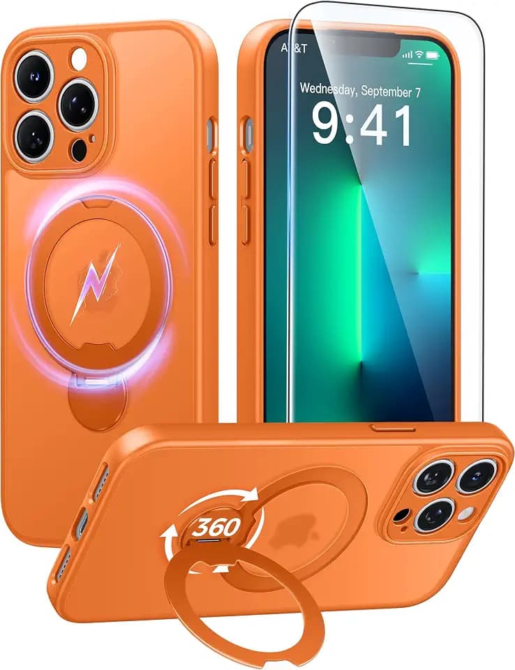 FNTCASE for iPhone 13 Pro Case with 360 Spin Magnetic Stand Orange