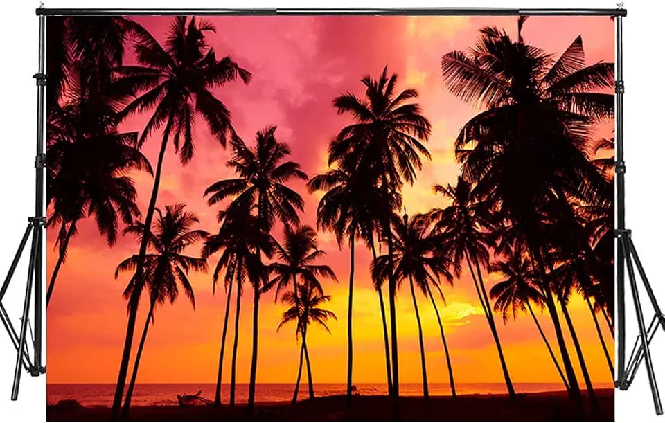 Sensfun 7x5ft Summer Seaside Sunset Photography Backdrop Vinyl Palm Trees Silhouettes on Tropical Beach Photo Background for Baby Shower Happy Birthday Party Children Photo Studio Props WP125