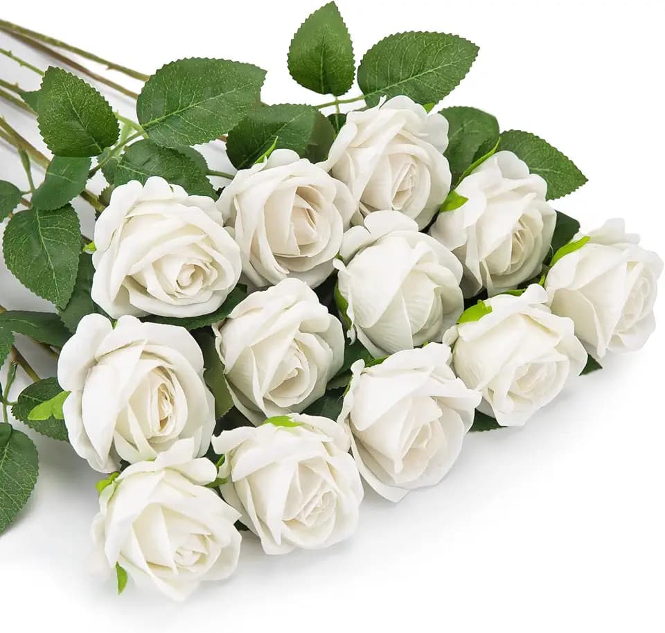 OWLKELA Weiß Künstliche Rosen, 12 Stück, Flanellblumenn