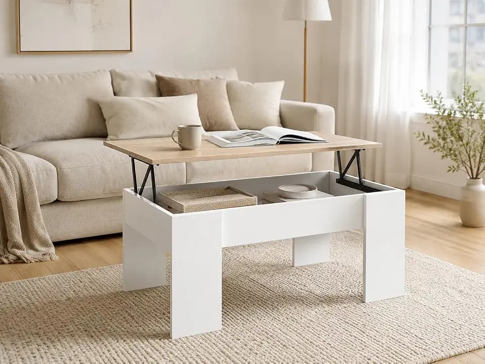 Couchtisch mit Höhenverstellbarer 100 x 45 x 50 cm. Platte Kaffeetisch ausziehbarer Wohnzimmertisch Sofatisch für Wohnzimmer, Büro, helles Holz und Mattweiss.