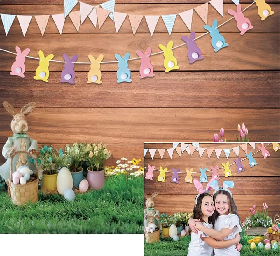 Spring Easter Backdrop for Photography Rustic Brown Wood Green Grass Rabbit Easter Theme Background 10x8ft Wooden Wall Garden Colorful Eggs Bunny Kids Portrait Party Banner Photo Booth Studio