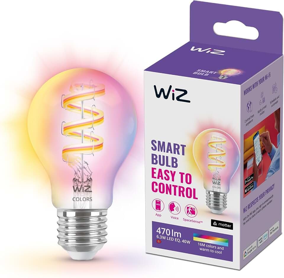 WiZ Tunable White and Color LED Filament Lampe E27 (470 lm), 40 W Lampe mit 16 Mio. Farben oder warm- bis kaltweißem dimmbarem Licht, smarte Lichtsteuerung über WLAN per Stimme/App