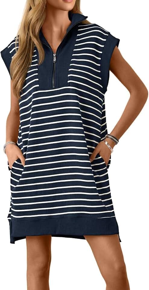 Wenrine Womens Striped Zipper Collar V Neck Loose Knit Summer Mini Dress