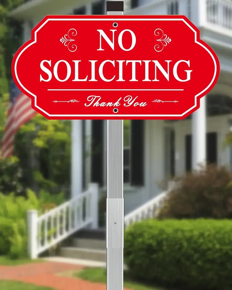 Heavy Duty No Soliciting Sign for House - All Metal Construction No Soliciting Yard Sign - 14" x 7" - Aluminum - with 28" Long Stake (Red)