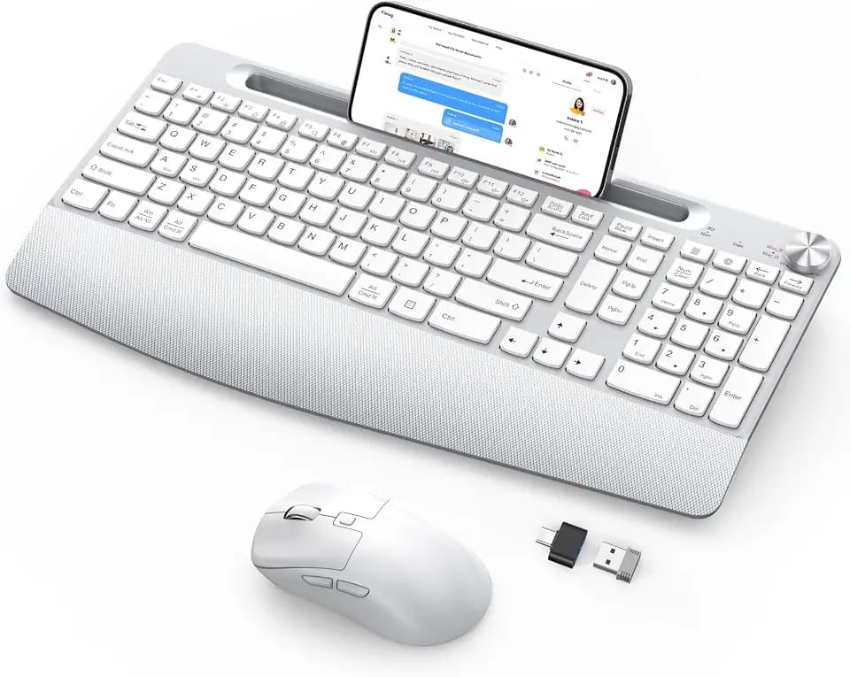 GAMCATZ Wireless Keyboard and Mouse - Full-Sized Ergonomic Keyboard with Wrist Rest, Phone Holder, Volume Knob,2.4GHz Silent Cordless Keyboard Mouse Combo for Computer, Laptop, PC, Mac, Windows -White
