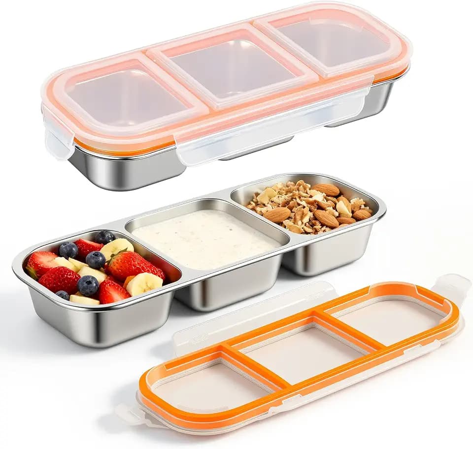 Snackbox,2 Stück Edelstahl Snack-Behälter mit Fächern und Transparent Kunststoff-Deckel, Stapelbar Edelstahl Lebensmittel Lagerung Brotzeit Behälter,Tragbare Snack-Platten für Schule Arbeit Camping