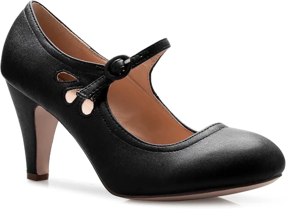 Olivia K Women's Kitten Heels Mary Jane Pumps - Adorable Vintage Shoes- Unique Round Toe Design with an Adjustable Strap