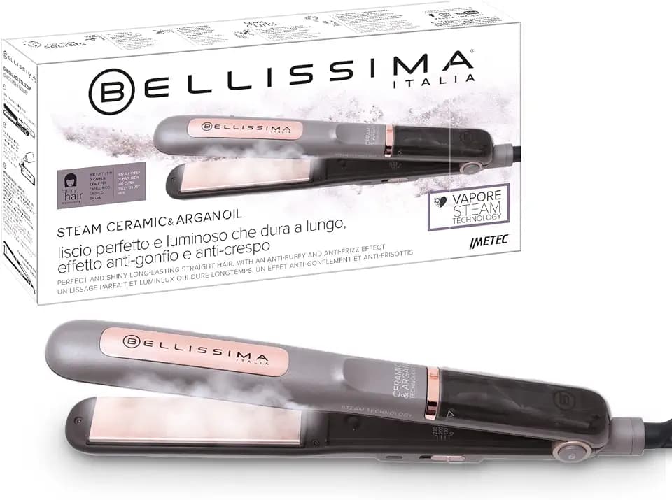 Bellissima Steam Ceramic & Argan Oil, Dampfglätter, Keramik- und Arganölbeschichtung, Glätteisen, 3 Temperaturstufen, schnelles Aufheizen, oszillierende Platten, automatische Abschaltung