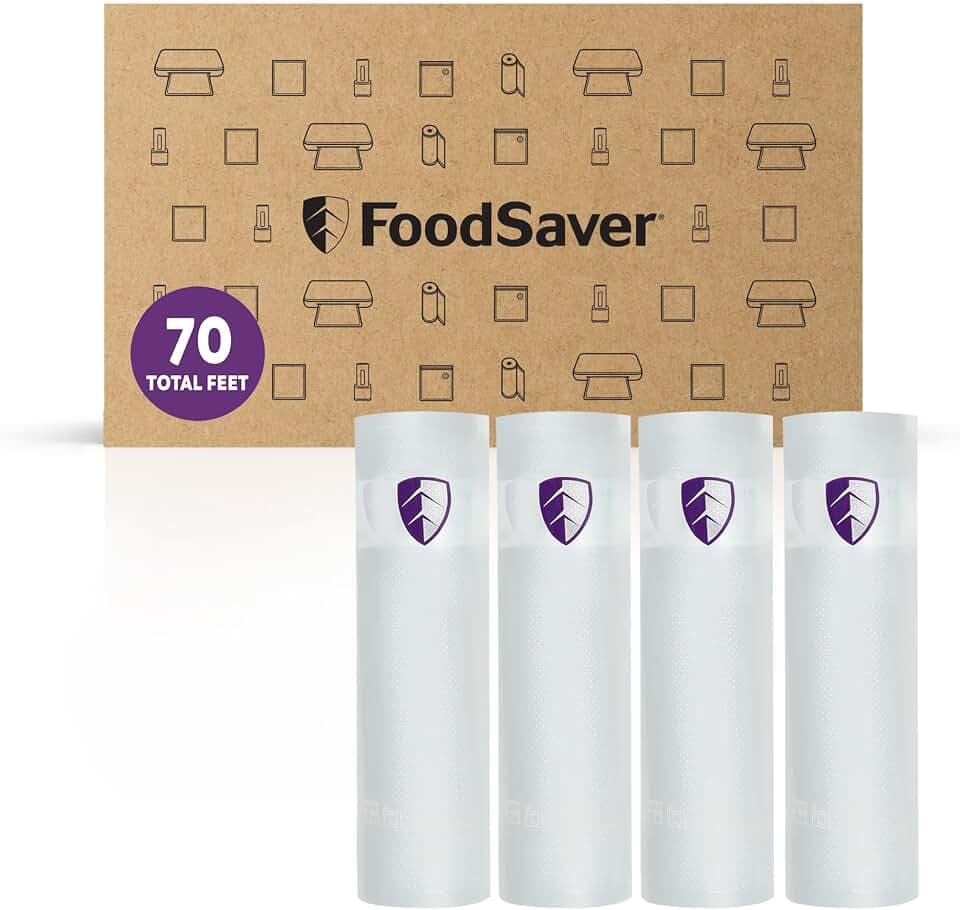 FoodSaver Heavy Duty Vacuum Sealer Rolls, 4 Pack 8" x 17.5' Rolls (70 Total Feet), 30% Thicker BPA-Free Bags for Food Storage, Sous Vide, Meal Prep