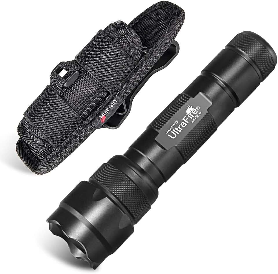 UltraFire LED Taschenlampe mit Holster, 1000 Lumen Single Modus Taktische Taschenlampe mit Gürteltasche, 360° Drehbarer Taschenlampenhalter für Sicherheit, Camping & Outdoor, WF-502B