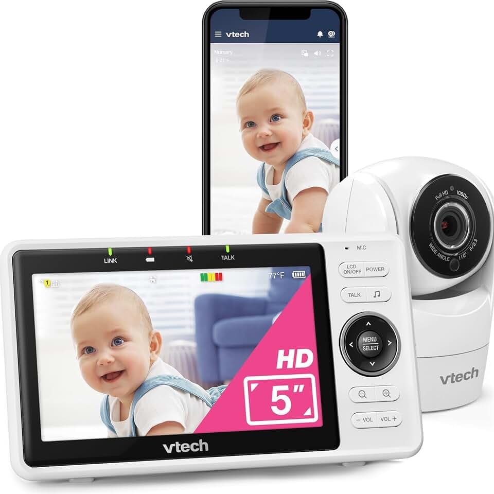 VTech VM901-1W WiFi Camera, Smart Baby Monitor with 5 Inch HD Display, 1080P Tilt/Swivel Camera and App, 120° Wide Angle View, Works iOS, Android