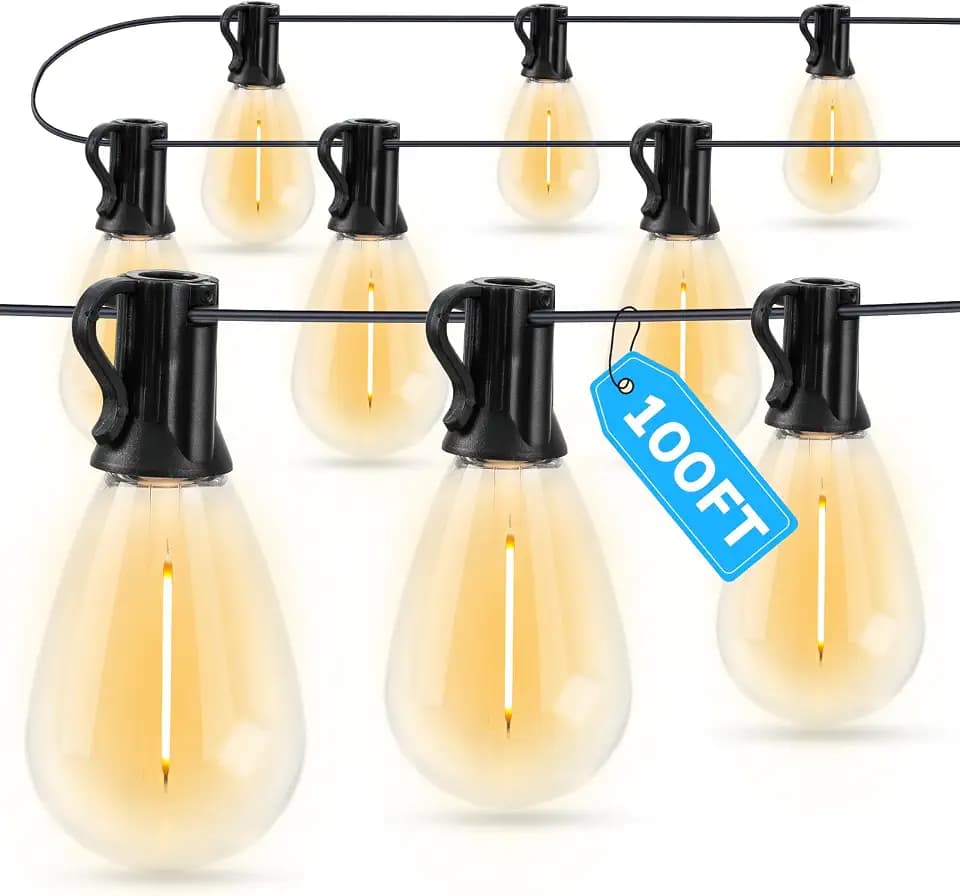 GvvooHome LED Outdoor String Lights, 100FT Waterproof Patio Lights with 32 Shatterproof S11 Plastic Bulbs, 2700K Warm White Edison Hanging Lights for Backyard, Garden, Porch, Bistro