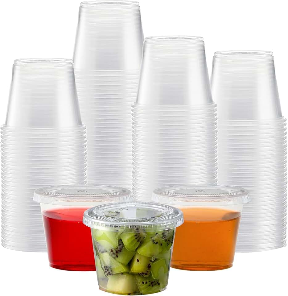 TashiBox Plastic Portion Cups with Lids [5.5 oz-100 Sets] Souffle Cups, Jello Shot Cups, Condiment Sauce Containers For Sampling, Sauce, Snack or Dressing