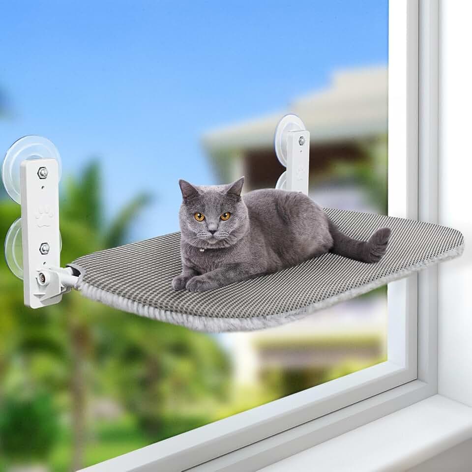 GUUSII HOME Katzen Hängematte Fensterliege Fenster Katzenbett Katzenhängematte Klappbar Fensterplätze Fensterhängematte Katzenliege Katzenhängebett Hält Bis zu 25kg (grau, L)