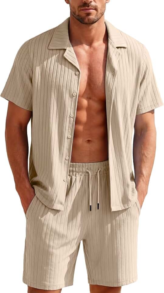 FEOYA Herren Trainingsanzug 2 Teilig Sommeranzug Set Kurzarm Knopfleiste Hemd und Shorts Lässige Gestreifte Urlaubsoutfits Sommerliche Strand- und Lounge Jogginganzüge