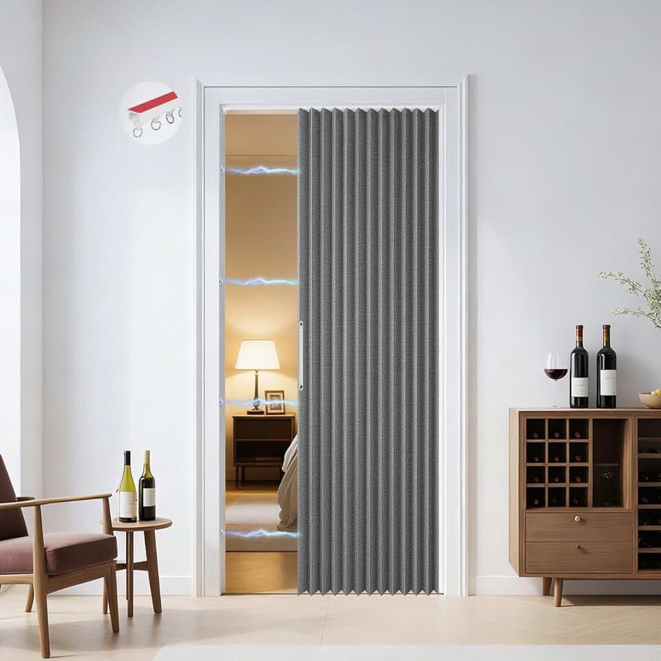 Magnetischer Türvorhang, 120x200cm Faltbarer Raumteiler Vorhang, Verdunkelung Falttüren Innentüren, Falttür Ohne Bohren mit Klebeschiene, Haken, für Schränke/Bad/Schlafzimmer/Wohnzimmer (Grau)