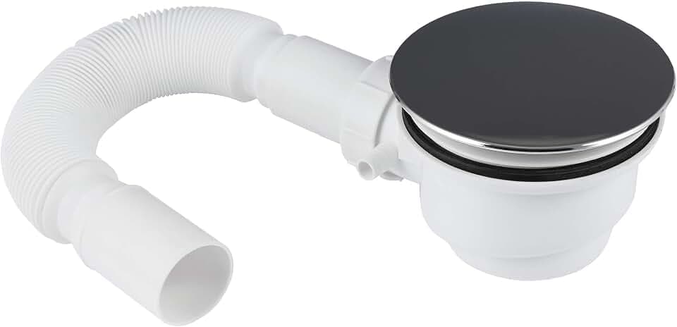 VILSTEIN© Ablaufgarnitur Set inkl. Siphon für Duschwanne Duschtasse mit Ø 90 mm Ablaufloch, Haarsieb, Geruchssperre, DIN Anschluss, Biegsamer Flexschlauch länge ca. 32-98 cm, Chrom Ablaufdeckel