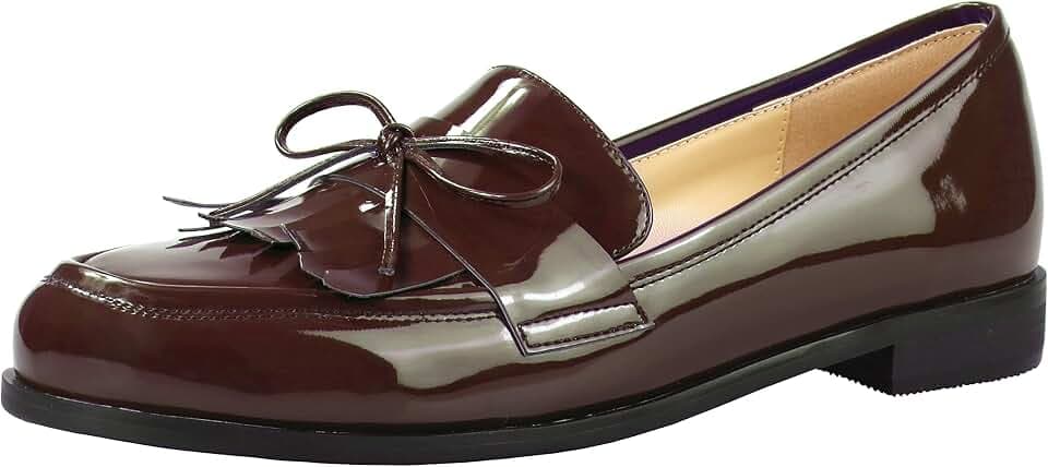 LEMUTISME Women Tassel Bow Penny Loafers Slip On Low Flat Heel Dress Shoes