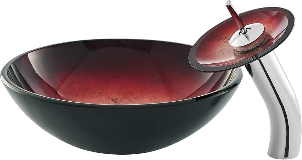 Cascade 16.5" Glass Vessel Sink with Faucet in Ember Red