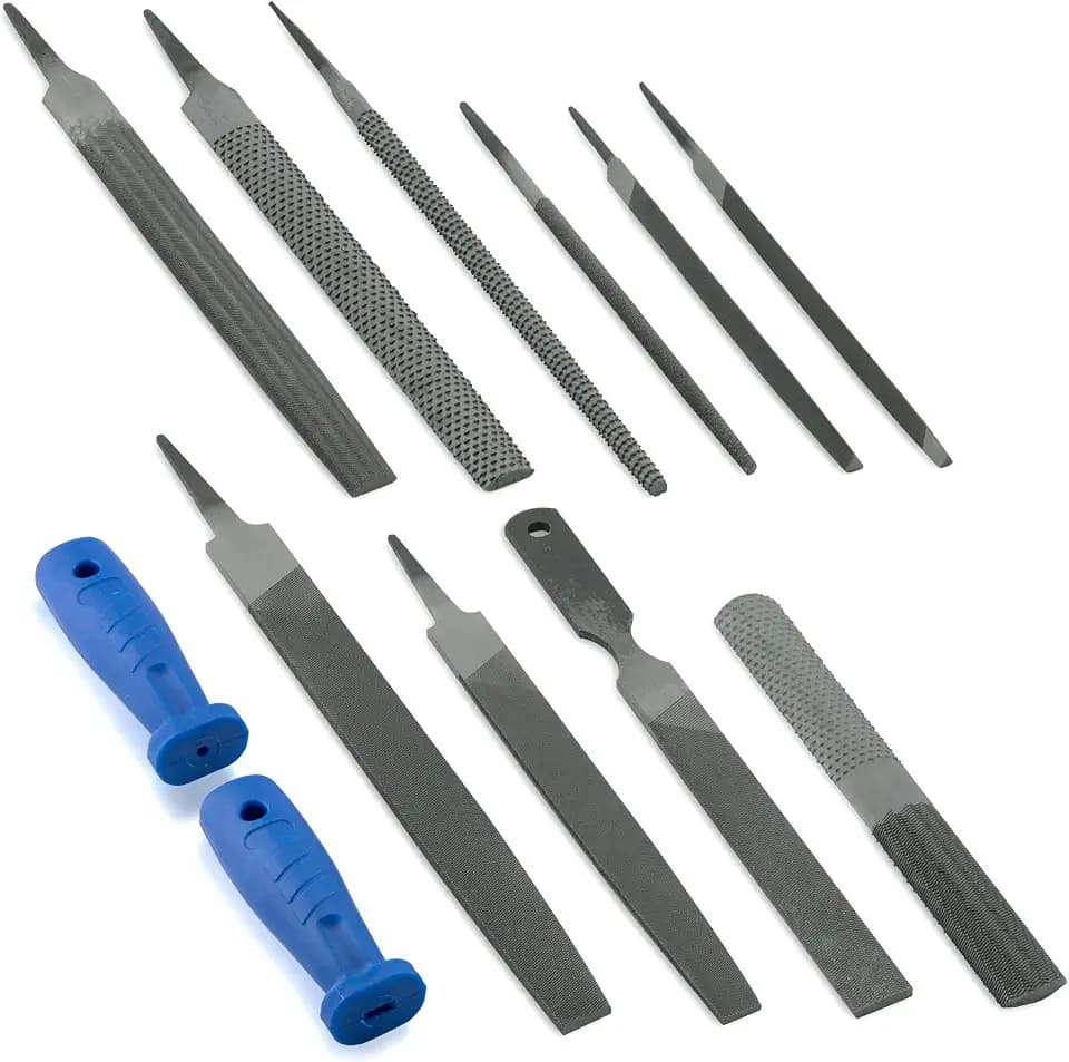 NEIKO 00109A Metal File and Rasp Set | 12 Piece, 10, 8, and 6 Inch Extra Slim Flat, Half, Mill, and Round Set | Non Slip PVC Handle, Wood | Heat Treated Carbon Steel Two Way