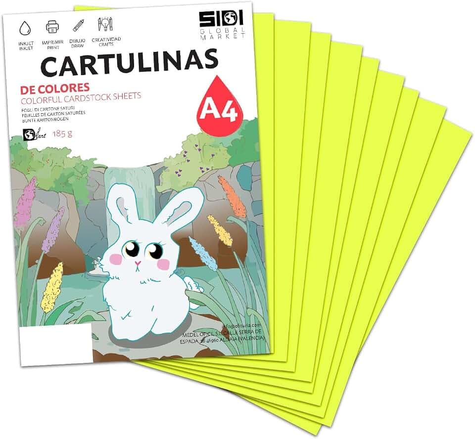 Karton A4 Fluoreszierend Gelb 185 g Fluoreszierendes Kartonpapier für Bastelarbeiten, Scrapbooking, Inkjet- und Laserdrucker, Schule und Unterricht – SIDI (fluoreszierend gelb, 25h)