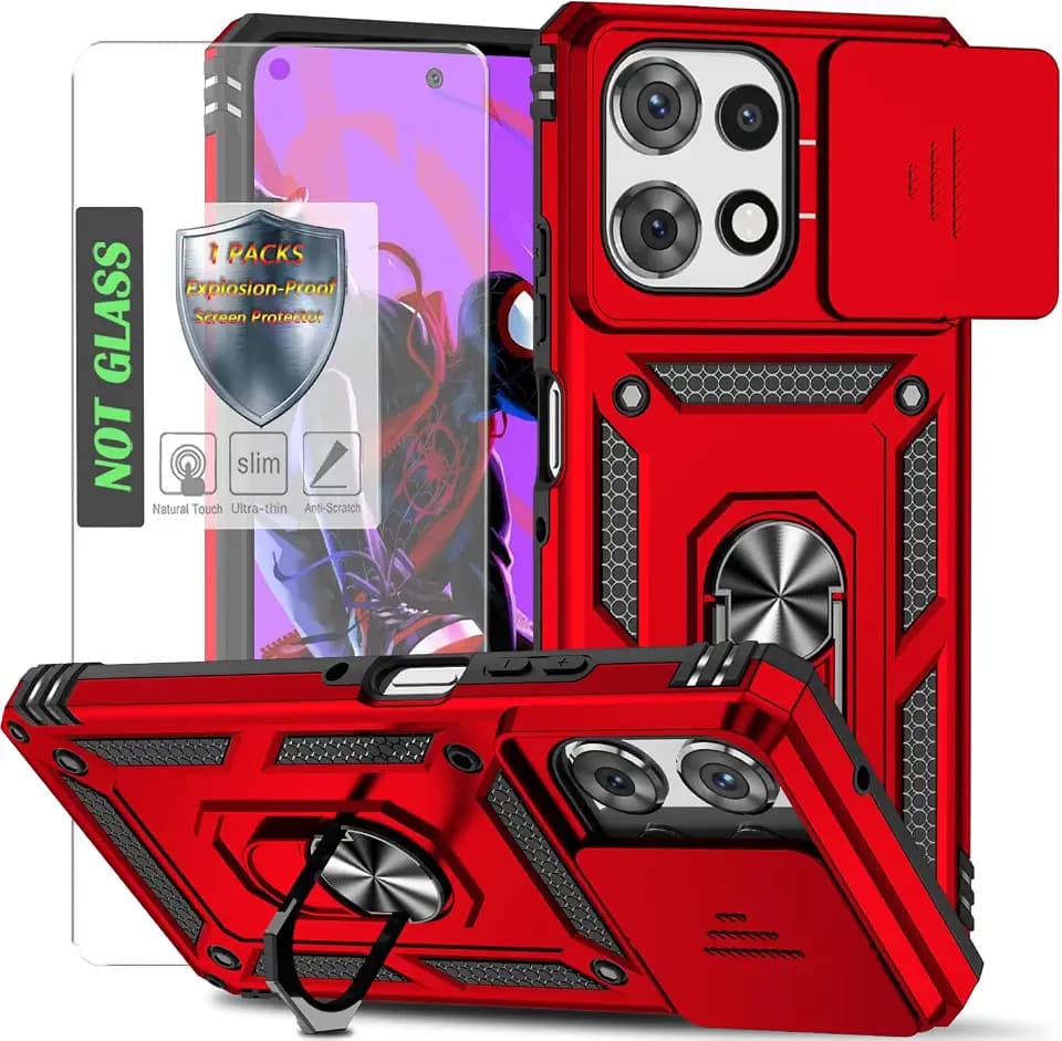 for Moto G Power 2025 Case,with Slide Camera Cover,HD Screen Protector, 360°Ring Holder Kickstand Protective Case,for Motorola Moto G Power 2025 6.8 Inch,Red