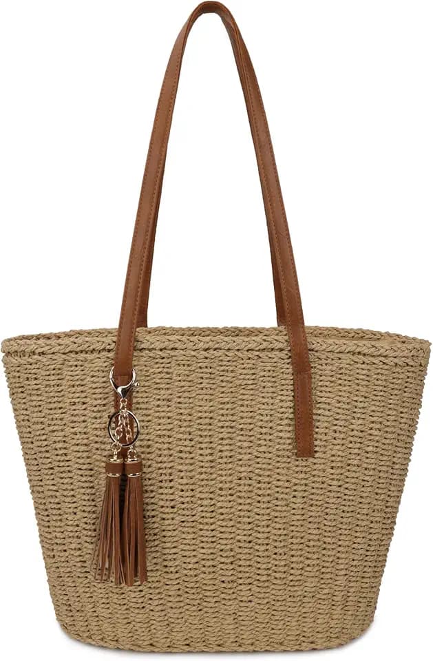 Womens Large Straw Tote Bag Handmade Woven Shoulder Handbag Summer Beach Purse with Tassel