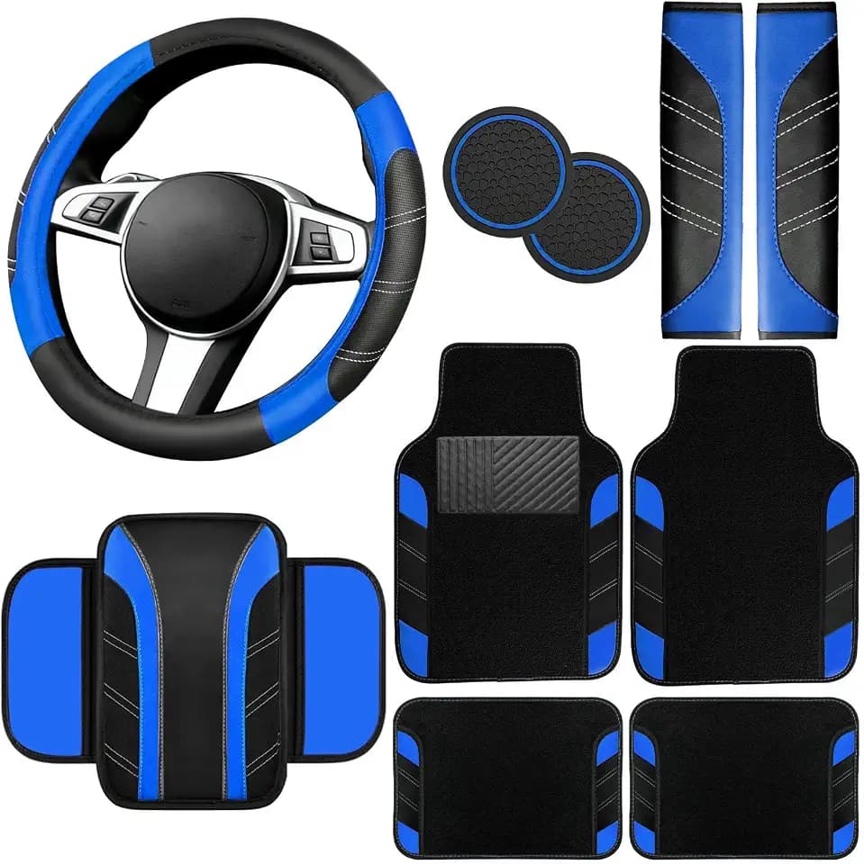 NBTEPEM 10 Pcs Blue Car Floor Mats Full Set & Sport Leather Blue Steering Wheel Cover 14.5-15 inch, Center Console Cover, Seat Belt Cushion, Cup Holder Coaster, Universal Automobile Interior Sets