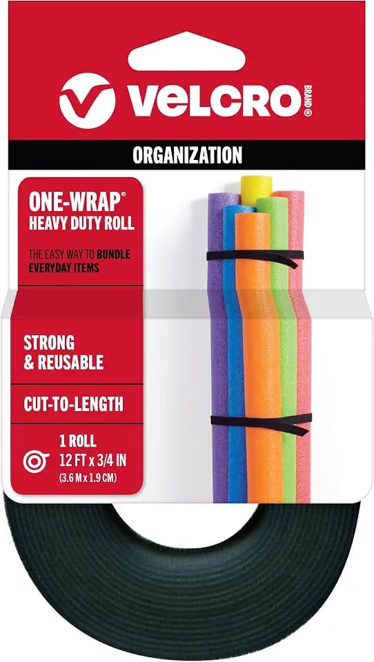 VELCRO Brand ONE-WRAP Roll, Double-Sided Tape, 12ft x 3/4in, Black