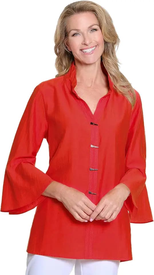 MULTIPLES Women's Roll Tab Long Sleeves 1-Pocket Button Front Shirt